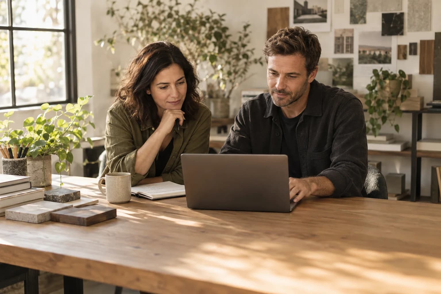 Two business operators reviewing work together on a laptop in a sunlit studio.
