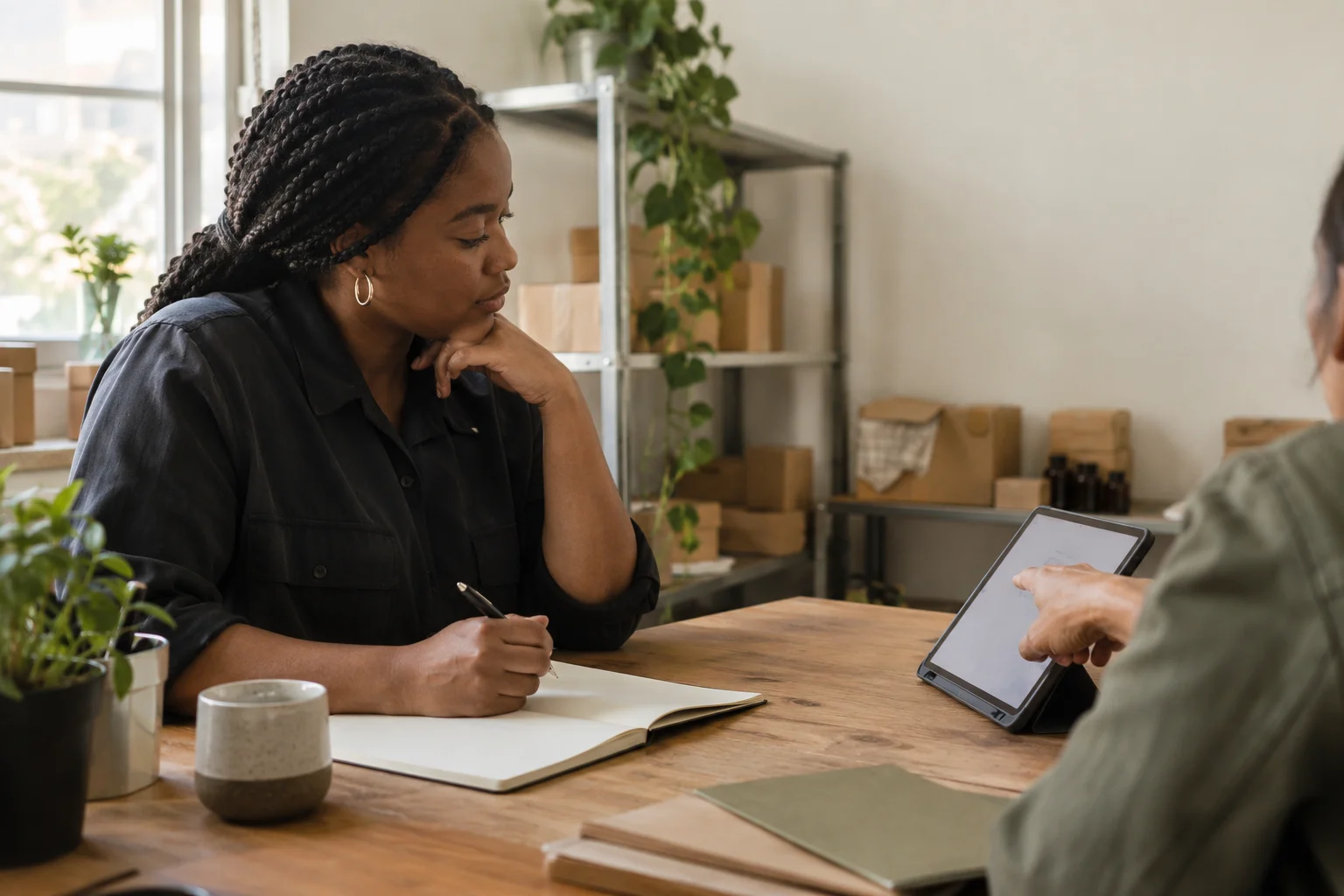A business operator discussing a workflow with a colleague at a desk.